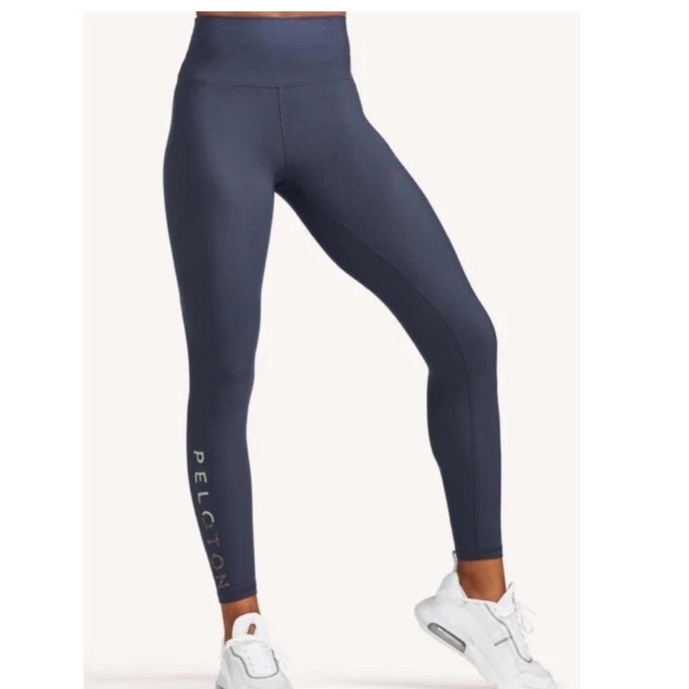 Peloton Womens High Rise Active Leggings Navy Blue Striped Logo‎ Size Small